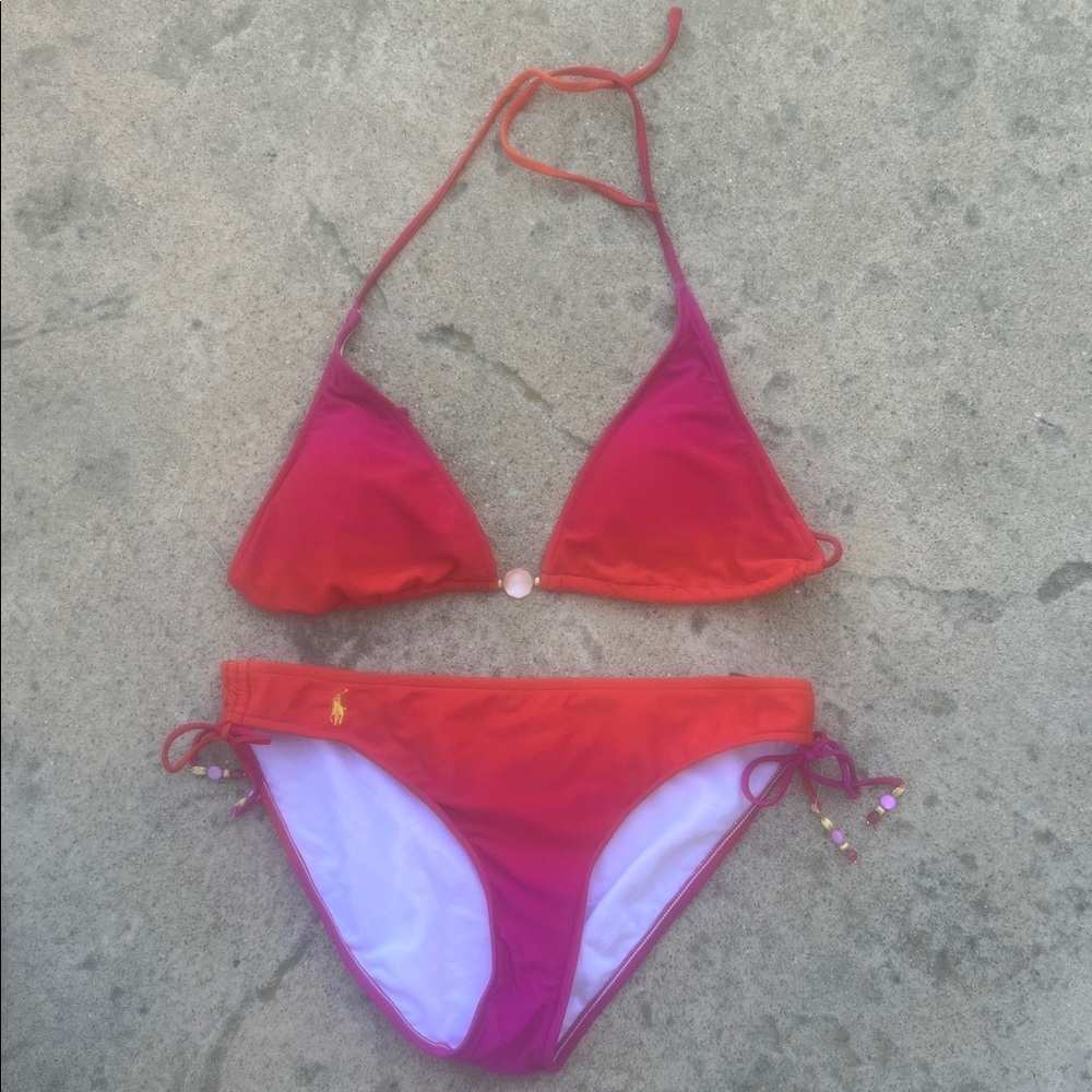 Ralph Lauren Red Orange Ombre Beaded String Bikini Women's Size L NWT